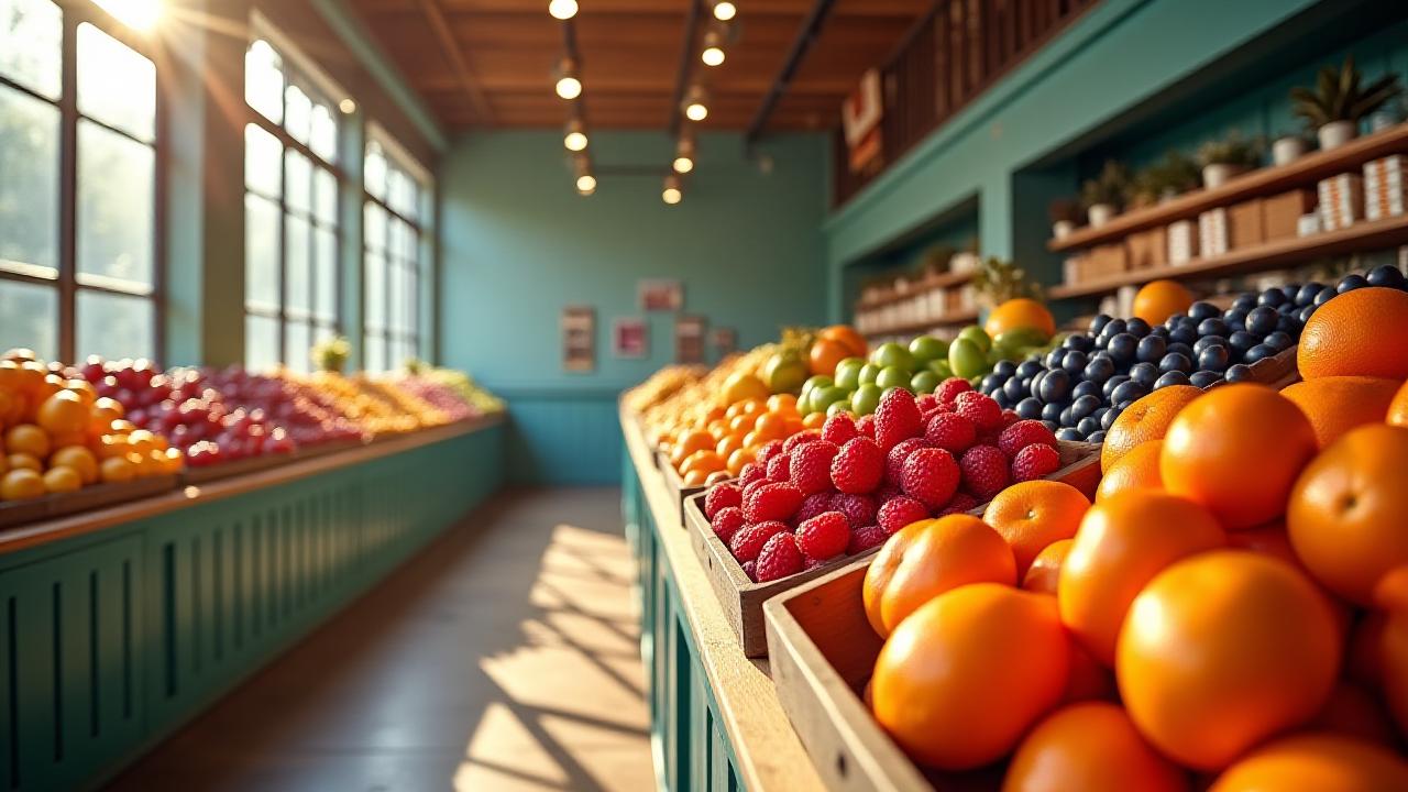 Artisanal fruit display in a bright Brooklyn storefront