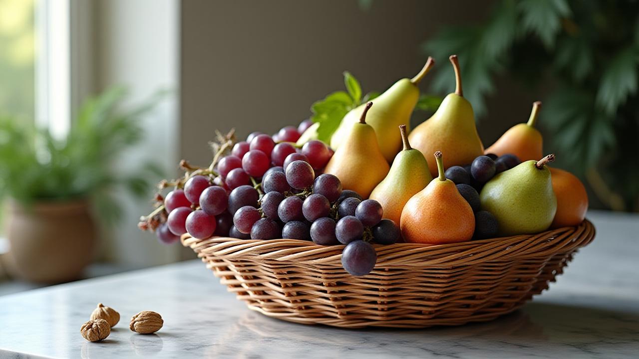 Artisanal fruit basket with organic pears, grapes, and citrus on a marble surface