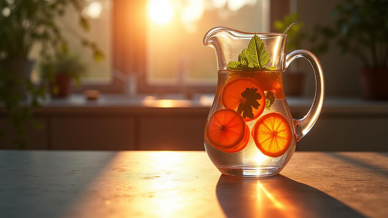 Artisanal fruit infusion being poured into a crystal glass with sunlight