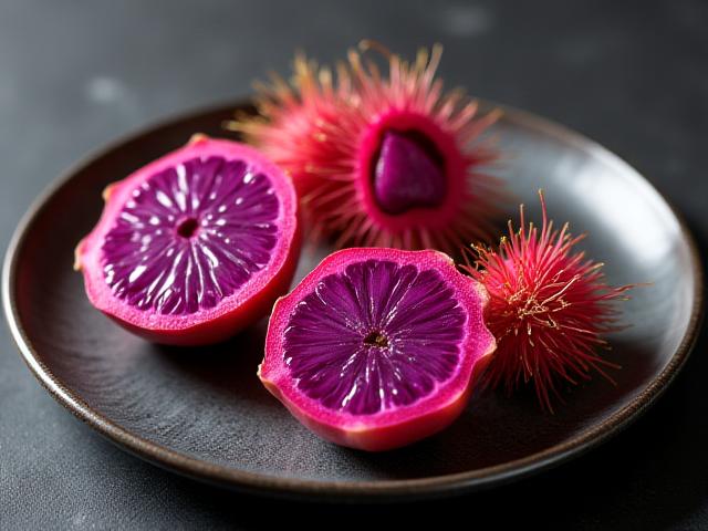Exotic dragon fruit and rambutan display