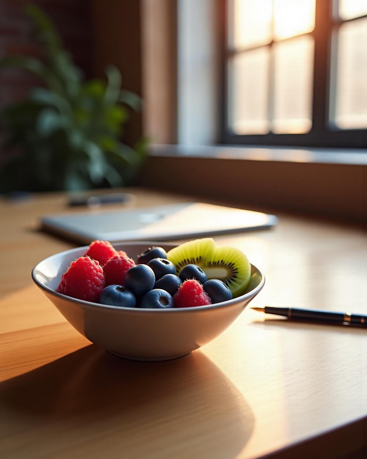 A modern Brooklyn professional enjoying a bowl of fresh organic berries at a minimalist desk