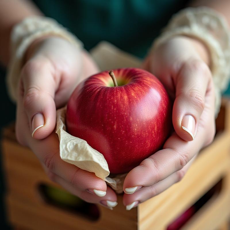 Close up of a specialist hand-selecting organic apples for a box