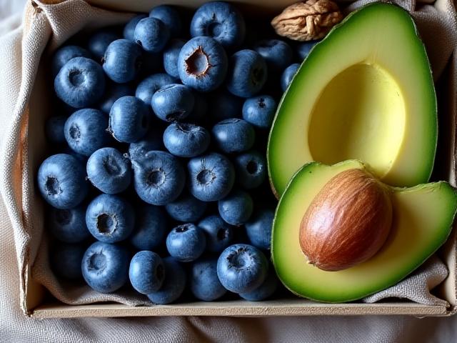 The Focus Box featuring vibrant blueberries and sliced avocado