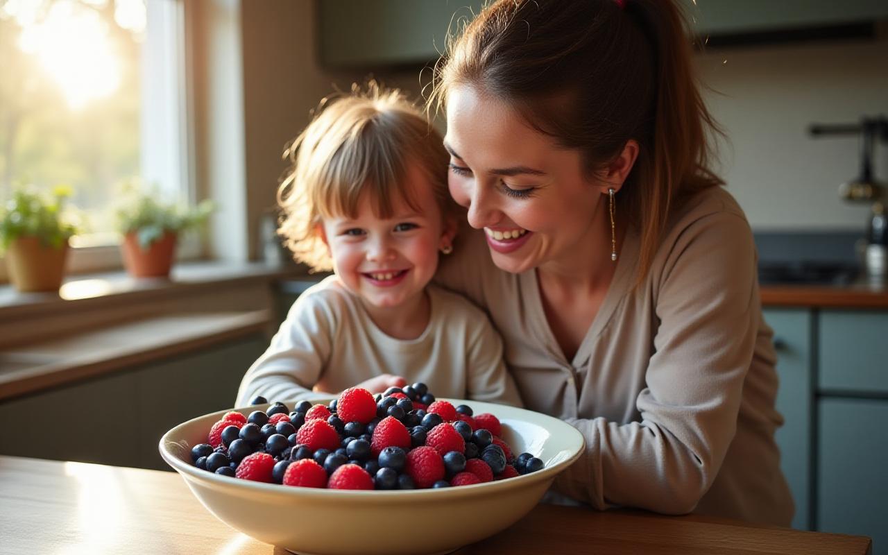 A mother and child in a sunlit Brooklyn kitchen sharing a bowl of organic blueberries