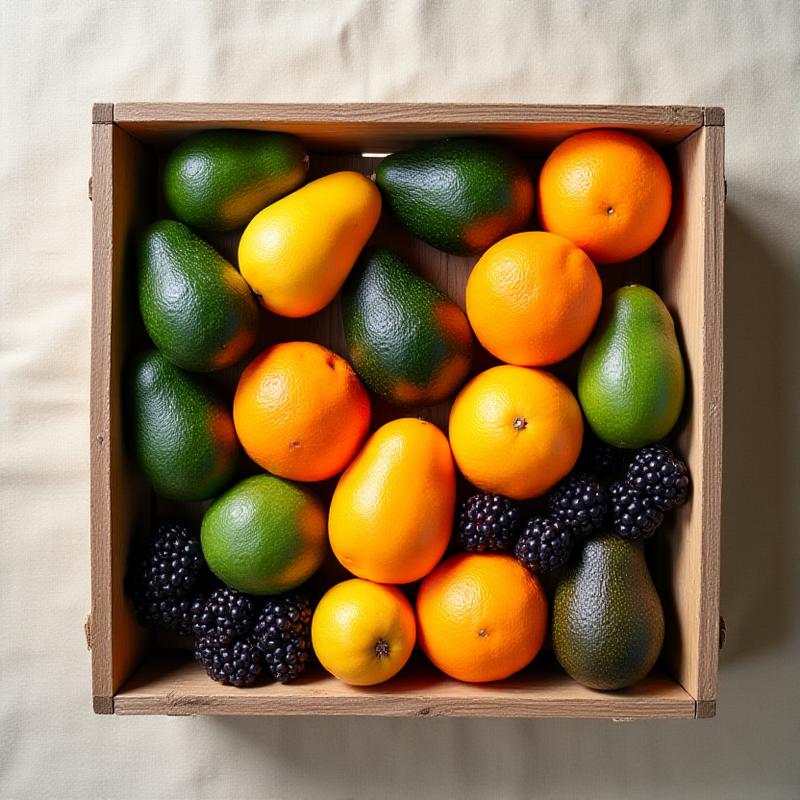 Artistic flat lay of the Prenatal Power Box featuring avocados, mangoes, and vibrant berries