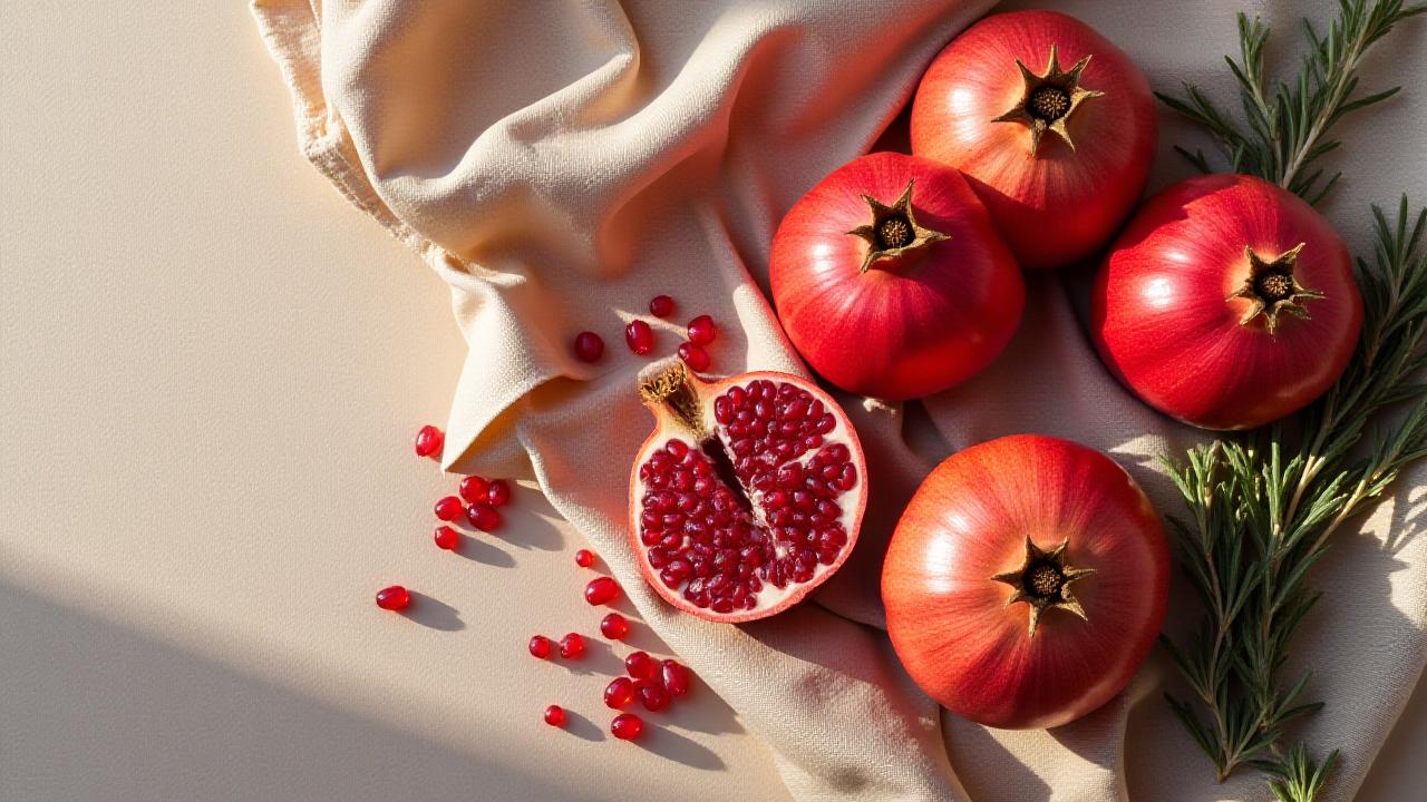 Artistic arrangement of fresh organic pomegranates and linen