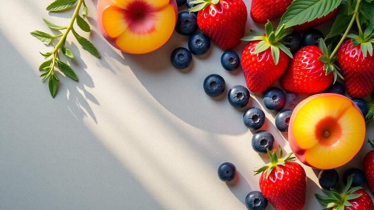 Artistic flat-lay of vibrant summer berries and ripe peaches
