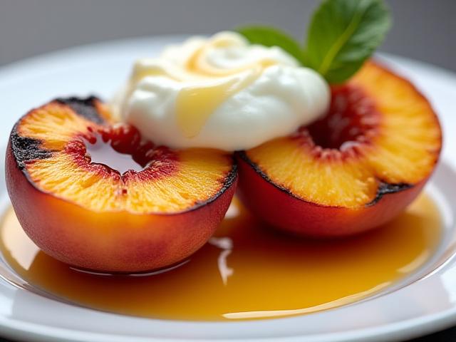 Grilled peaches with honey and yogurt on a white plate