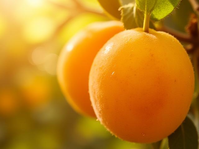 Close up of fuzzy sun-ripened yellow peaches