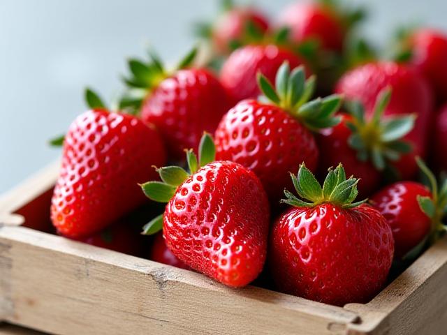 Organic strawberries in a wooden crate