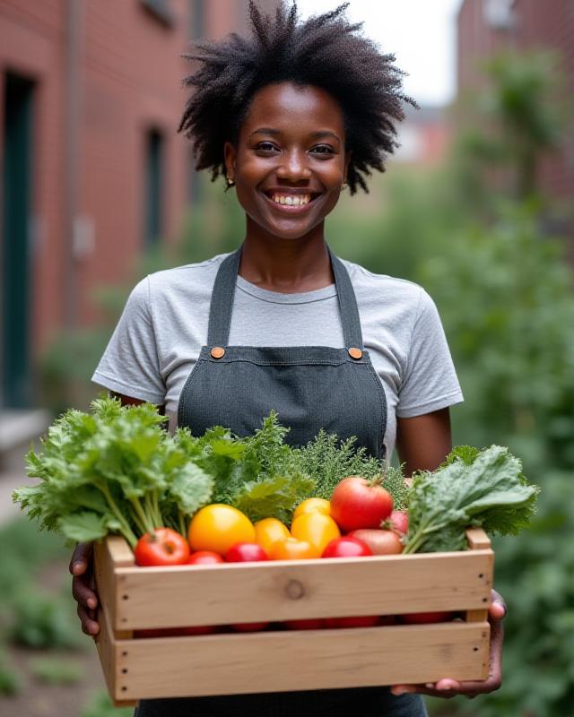 Brooklyn urban farmer holding a wooden crate of freshly harvested greens and fruit