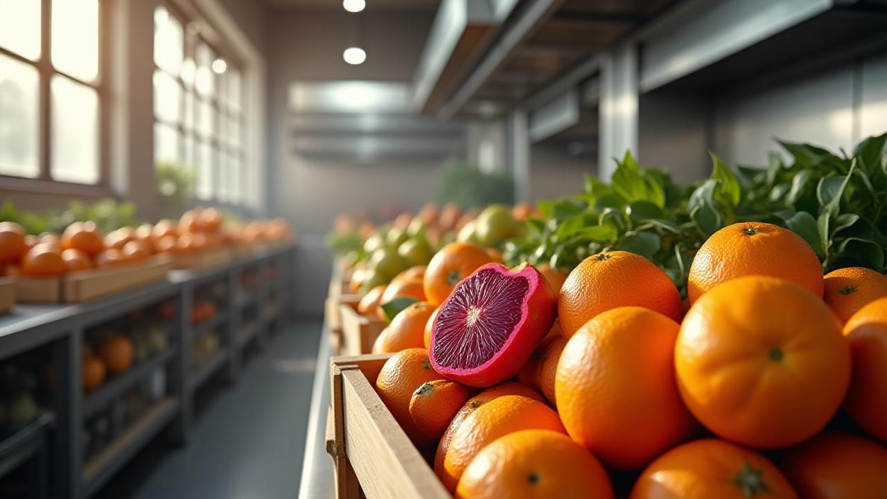 Vibrant display of bulk organic dragon fruit and citrus in a high-end Brooklyn commercial kitchen