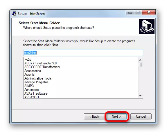 Selecting the start menu when installing the HTM2CHM program