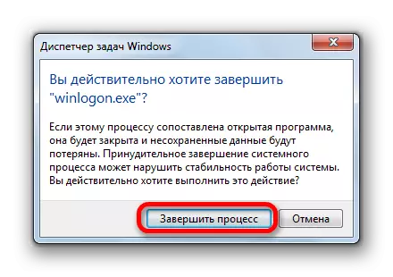 Pagkumpirma sa pagkompleto sa proseso sa WinLogon.exe sa Windows Task Manager