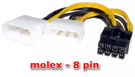 Molex adapter 8 PIN-koodi ühendamiseks täiendavate videokaartide ühendamiseks