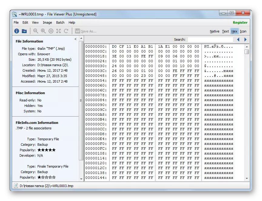 View sa hexadecimal code sa TMP file sa File Viewer Plus