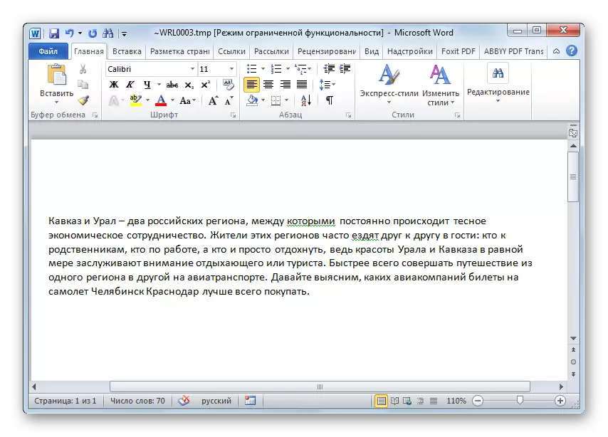 Le document avec l'extension du TMP est ouvert à Microsoft Word
