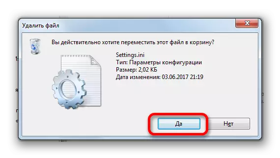 Confirmación da eliminación do ficheiro settings.ini no explorador en Windows 7