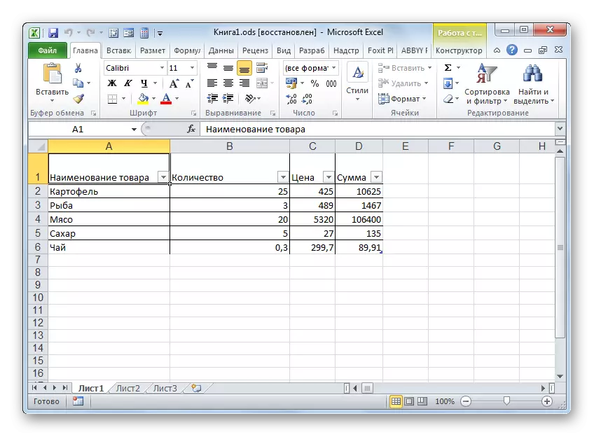 ODS-utvidelsesfilen er åpen i Microsoft Excel.