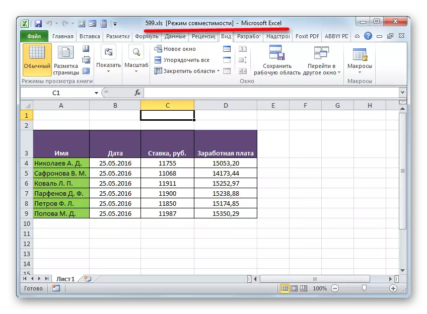 D'XLS Datei ass op a Microsoft Excel Kompatibilitéitsmodus op.