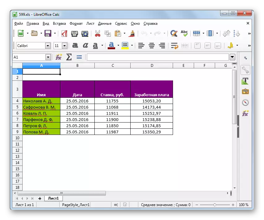 LibreOffice Calc இல் XLS வடிவமைப்பில் உள்ள கோப்பு திறக்கப்பட்டுள்ளது