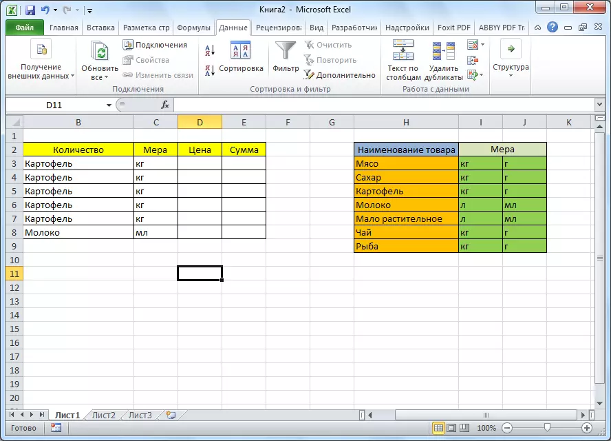 טבלה שנוצרה ב- Microsoft Excel