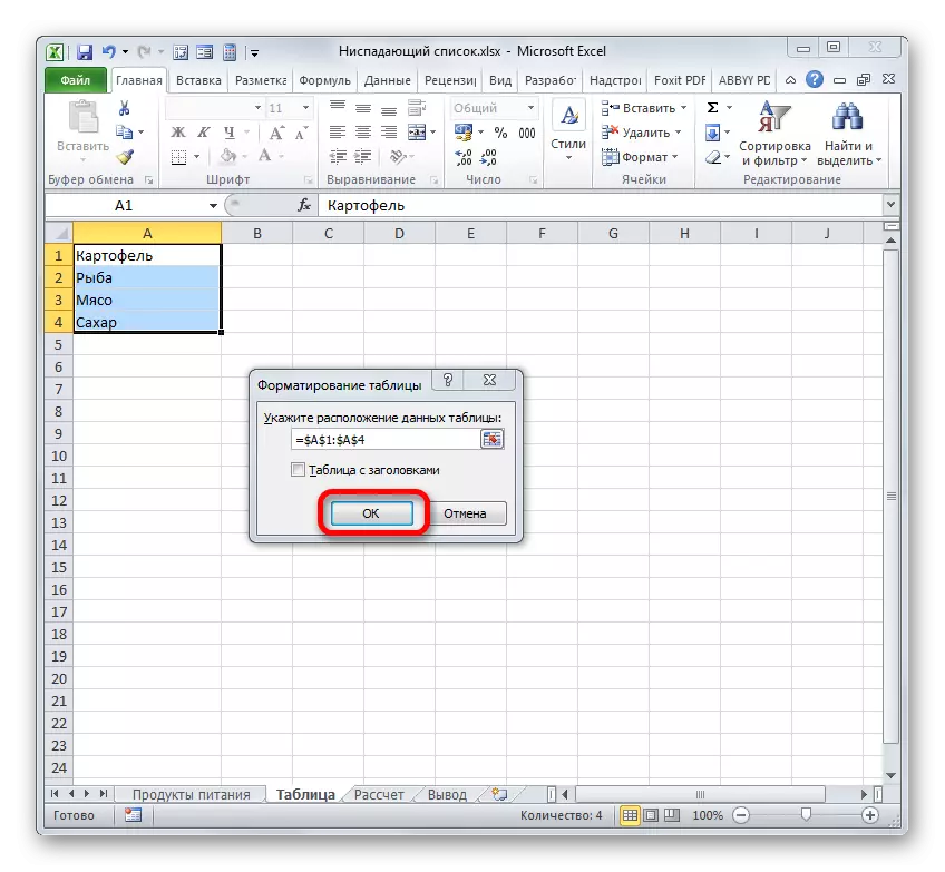 Okno formátování tabulky v aplikaci Microsoft Excel