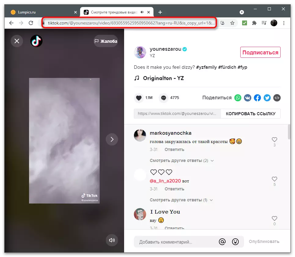 Using the address string to copy the video link in Tiktok on the computer