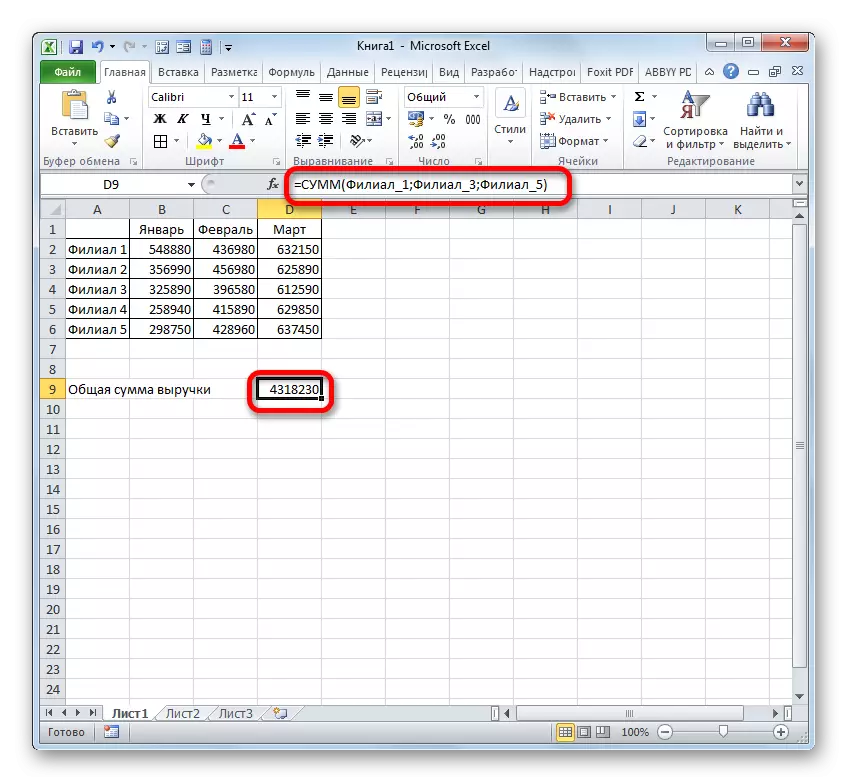 Het resultaat van het berekenen van de functie van de bedragen in Microsoft Excel