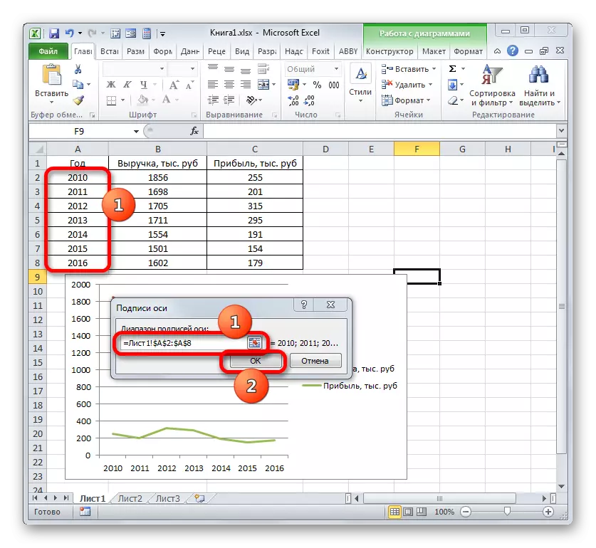 Прозорецът за подпис на ос в Microsoft Excel