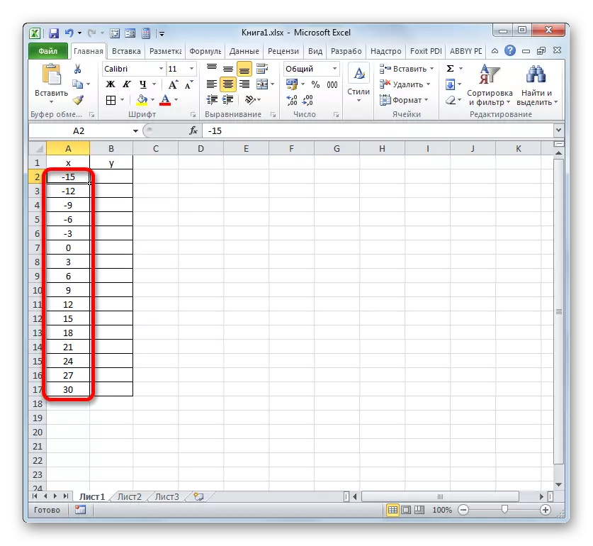 X sütunu, Microsoft Excel'deki değerlerle doldurulur.