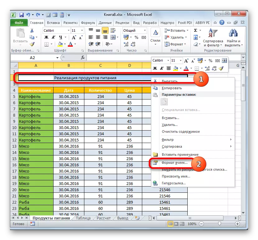 Übergang zum Zellenformat in Microsoft Excel
