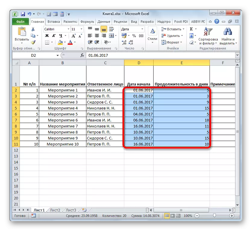 The dates of the beginning and duration in the days of considerations in Microsoft Excel