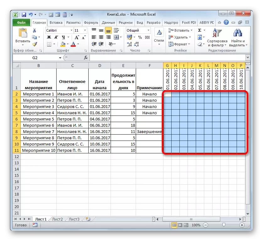 Selecting the range of cells on the time scale in Microsoft Excel