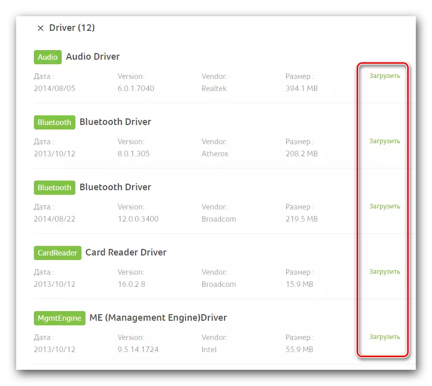Driver Download knapper på Acer Website