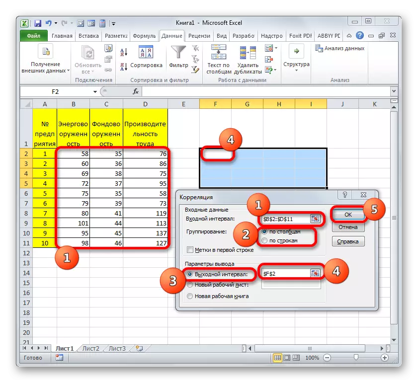 Janela de correlação no Microsoft Excel