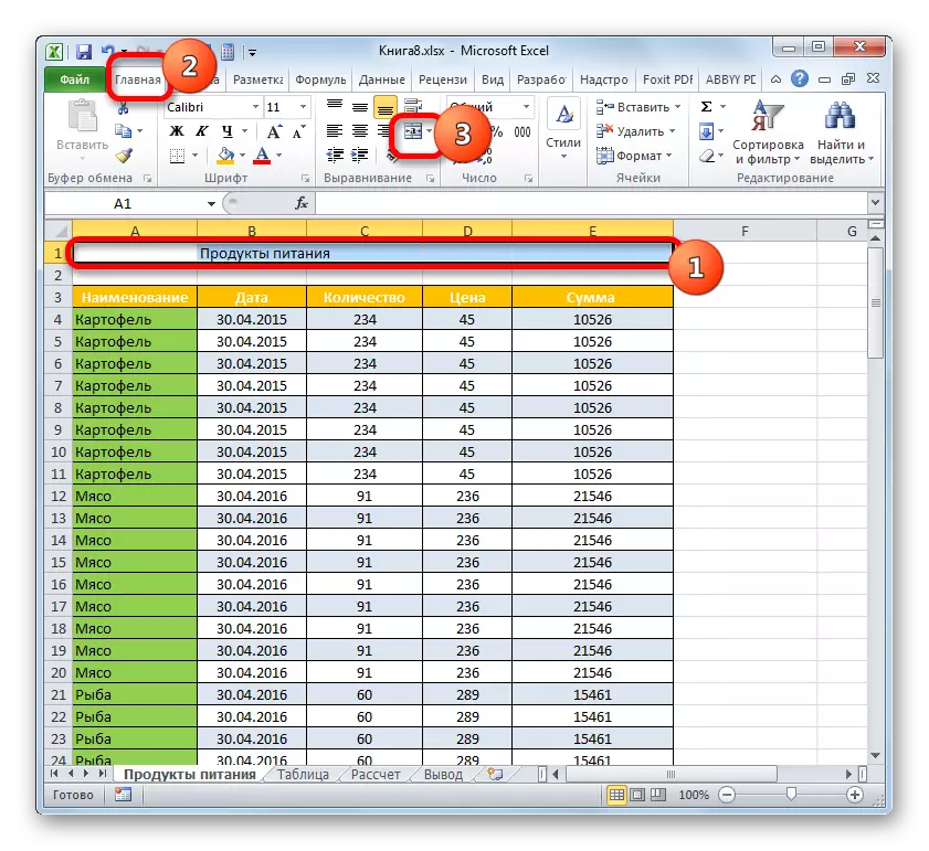 Paglalagay ng mga pangalan sa gitna sa Microsoft Excel.