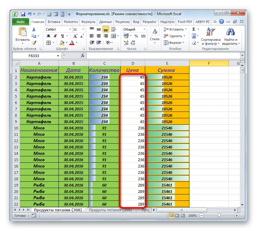 העמודה מסומנת בפורמטים ב- Microsoft Excel