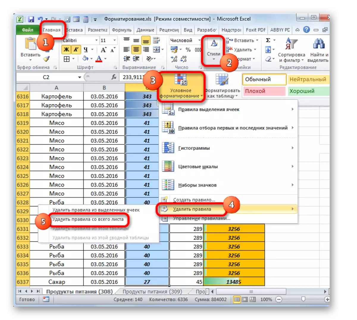 Rimozione delle regole di formattazione condizionale dall'intero foglio in Microsoft Excel