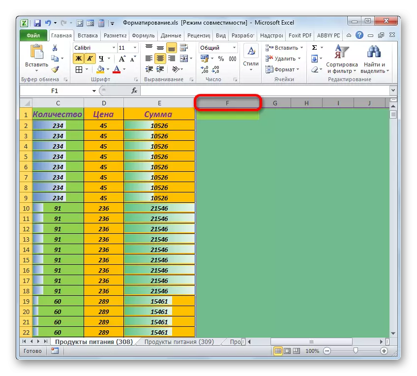 Valg af området fra bordet i Microsoft Excel