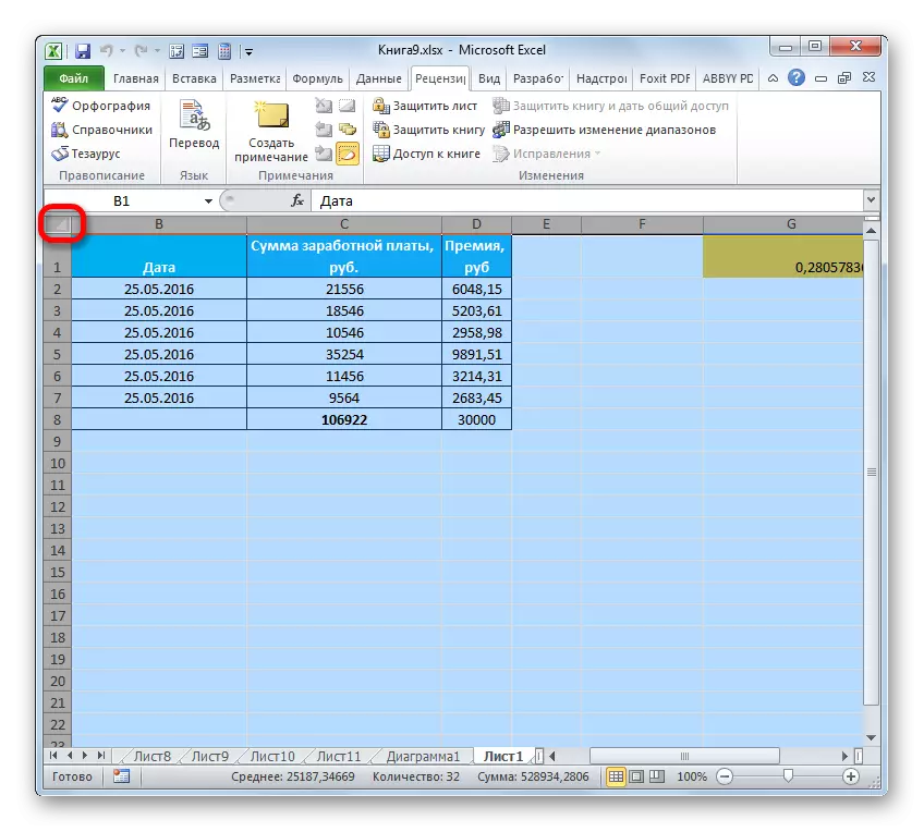 Тақсимоти ҳамаи ҳуҷайраҳои варақ дар Microsoft Excel
