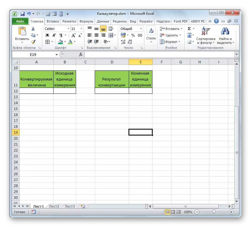 Blank Calculator Mass Conversion in Microsoft Excel