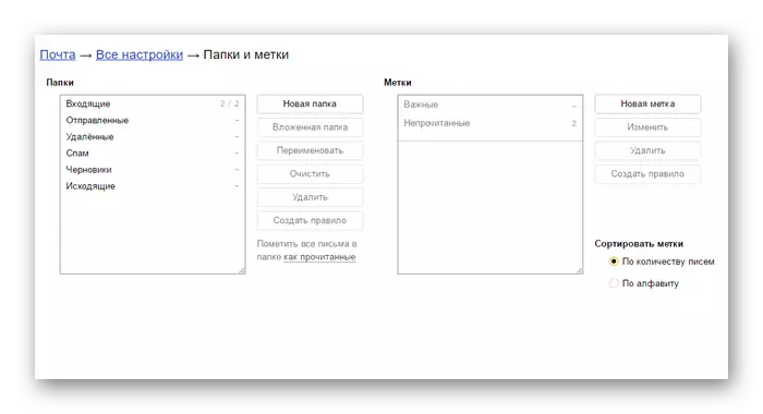 Yandex pochtasidagi papkalar va yorliqlarni o'rnatish