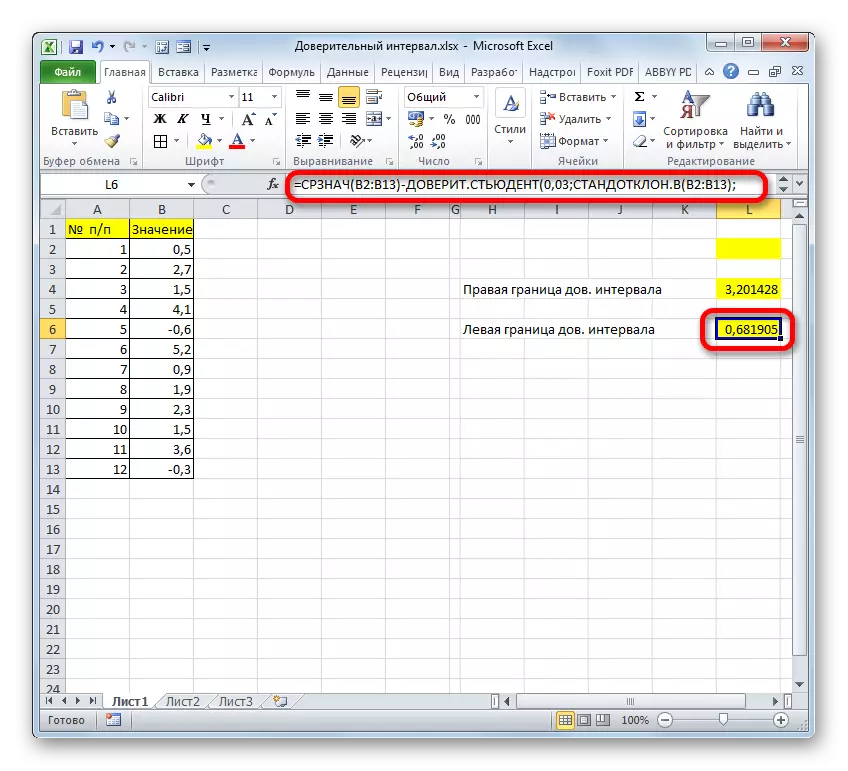Batas kiri interval kepercayaan dari satu formula di Microsoft Excel