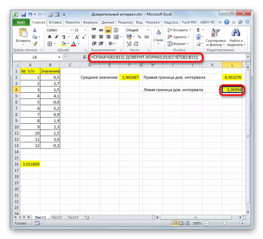 ნდობის ინტერვალის მარცხენა საზღვარი Microsoft Excel- ში ერთი ფორმულა