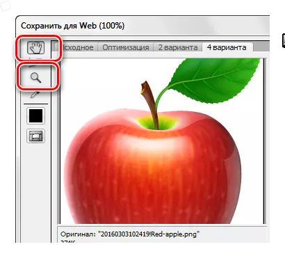 Photoshop'taki GIFKI koruma ayarları penceresinde el ve ölçek aletleri