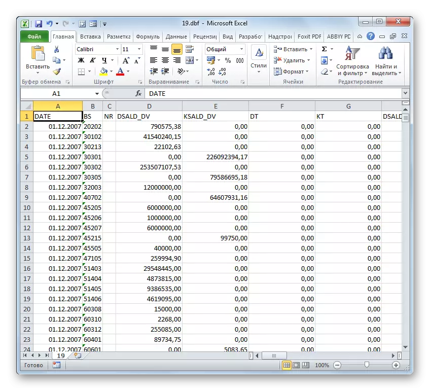 DBF dokumentua Microsoft Excel-en irekita dago.