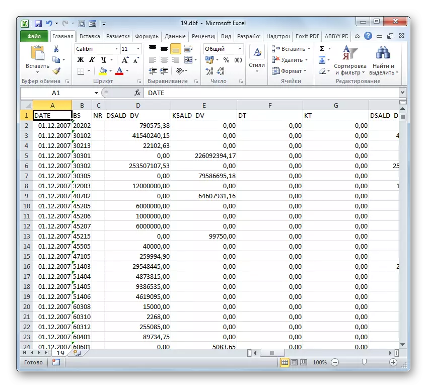 Dokument DBF je odprt v Microsoft Excelu
