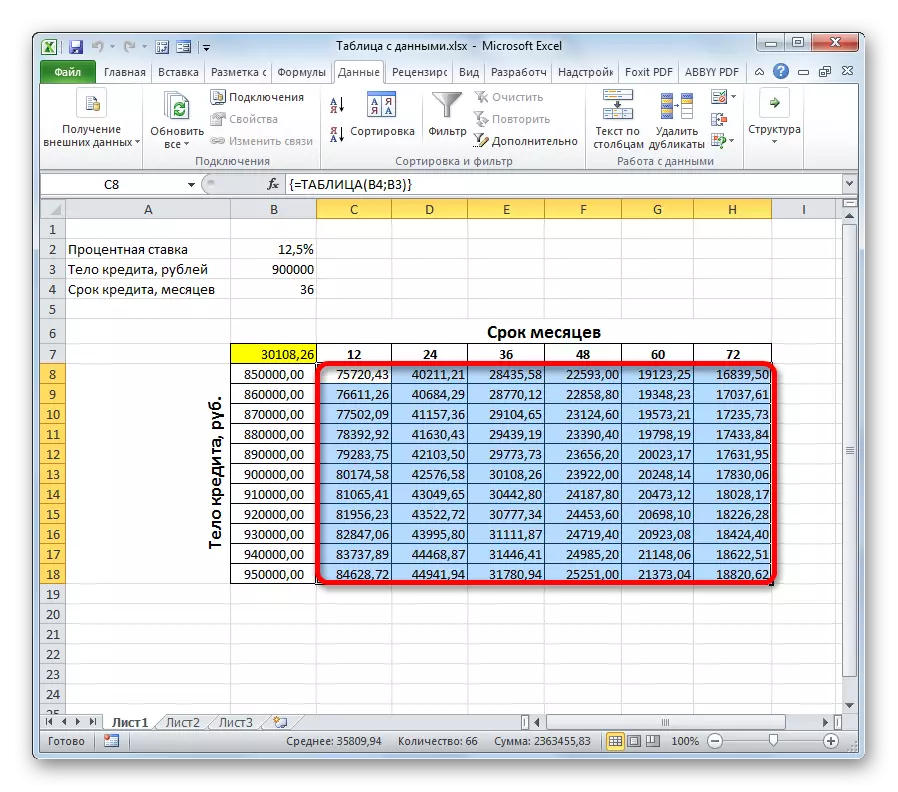 Selección da táboa en Microsoft Excel