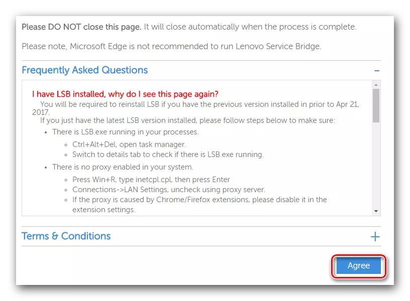 Klik på knappen Agree for at downloade Lenovo Service Bridge